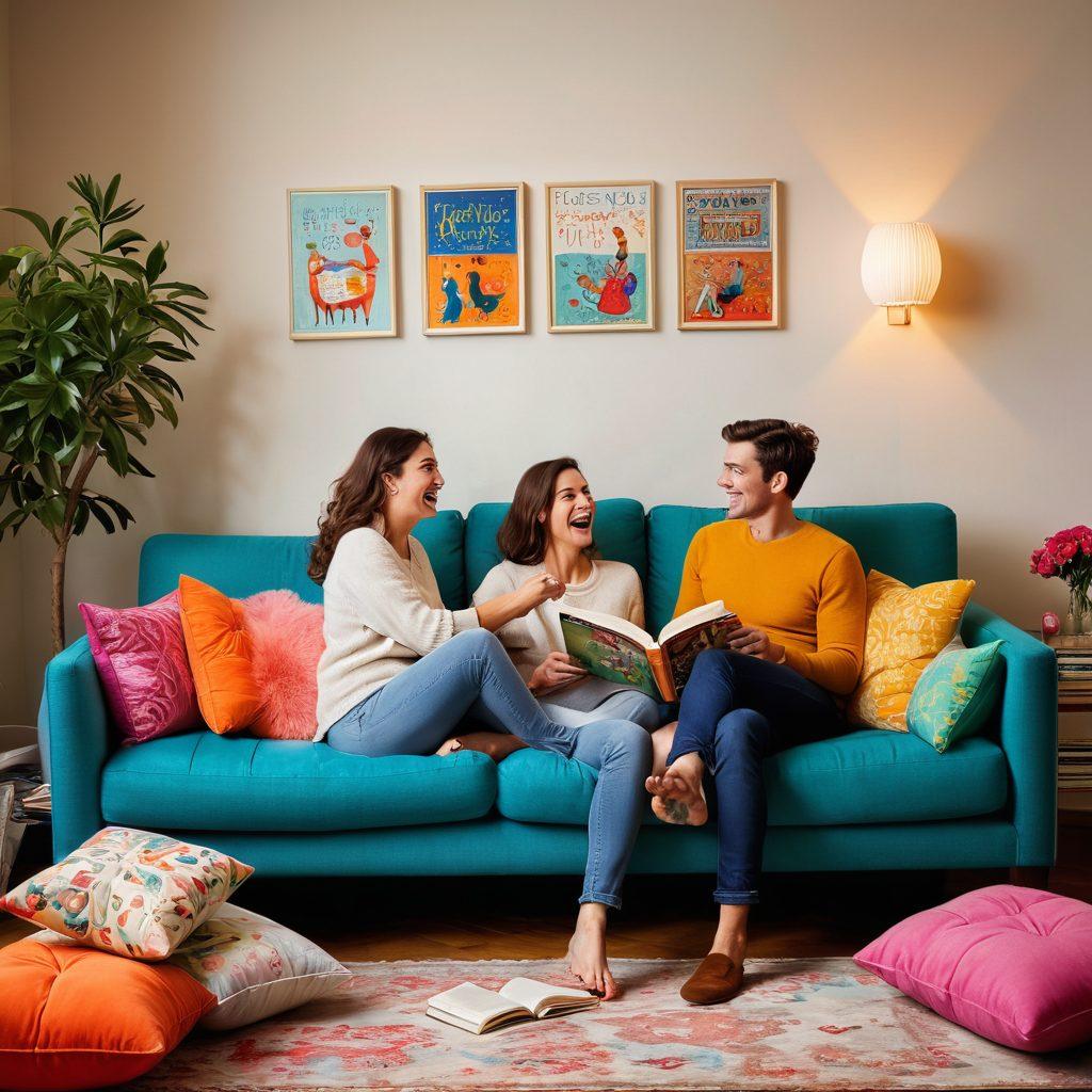 A romantic yet playful scene in a cozy living room, featuring a couple laughing together while engaging in lighthearted, cheeky activities like playful pillow fighting and sharing humorous books. Add whimsical decorations that hint at a fun and adventurous lifestyle, like quirky art on the walls and colorful cushions. The atmosphere should balance warmth and humor, symbolizing a fulfilling married life. Soft, inviting lighting enhances the cozy vibe. vibrant colors. super-realistic.