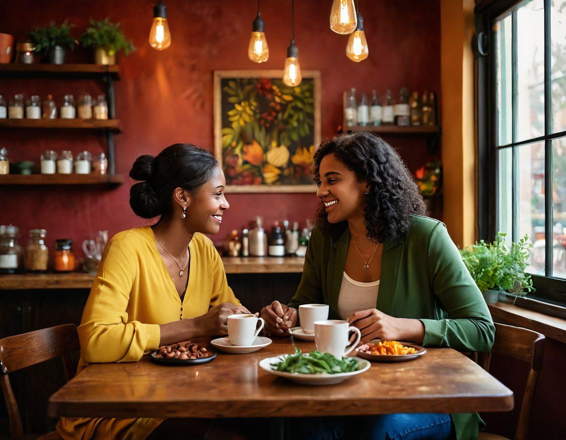 A vibrant and intimate scene showcasing diverse couples sharing experiences in a cozy café setting, surrounded by spices and herbs symbolizing passion and connection. The ambiance should reflect warmth and honesty, with soft lighting casting inviting shadows. Include elements of cultural diversity through colorful decor and varied expressions of joy and understanding. super-realistic. warm colors. cozy atmosphere.
