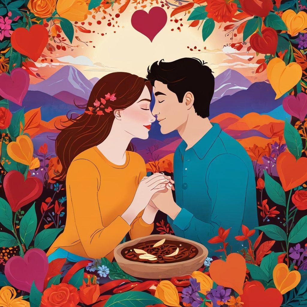 A vibrant illustration depicting a couple enjoying a playful moment, surrounded by colorful hearts and spices like chili peppers and cinnamon sticks, symbolizing the warmth and passion in their relationship. The background features a whimsical landscape with hints of intimacy, such as candlelight and rose petals. The colors are bold and warm, inviting a sense of joy and connection. cartoon style. vibrant colors. dynamic composition.
